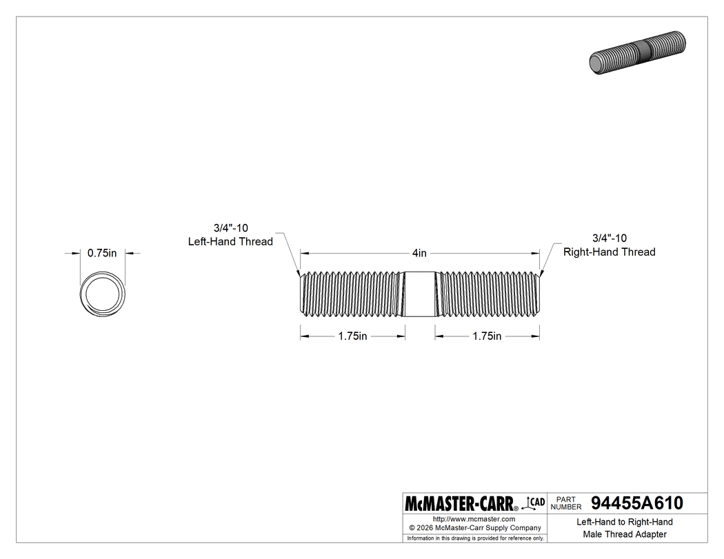 Technical Drawing of Left-Hand to Right-Hand Male Thread Adapter, Black-Oxide Steel, 3/4"-10 Thread, 4" Long.